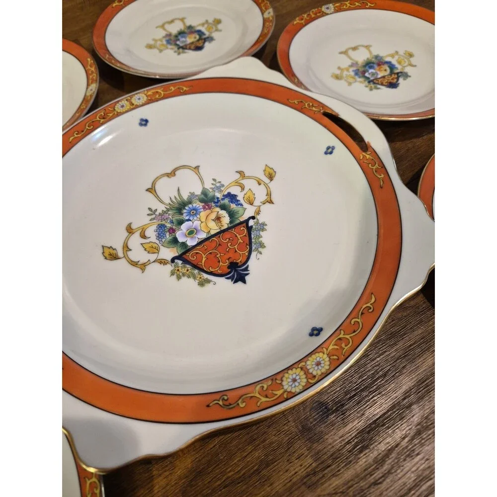 Early Noritake Hand-painted China Cake Service With 6 Cake Plates